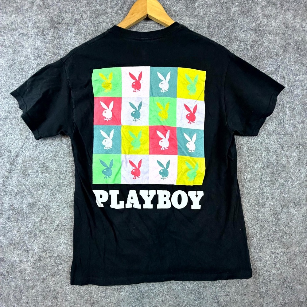 Playboy T-Shirt Mens Medium Black Cotton Rabbit Head Graphic Print Color Block